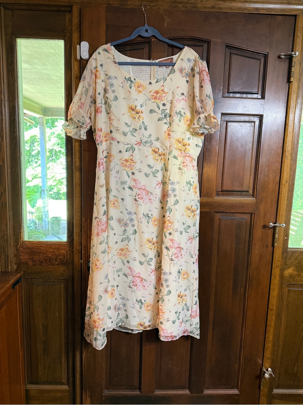 JessaKae Cream Floral Midi Dress with Puff Sleeves